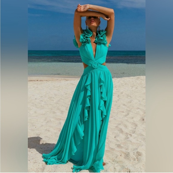 PatBO Dresses & Skirts - PatBO High Low Formal Gown Turquoise Ruffle Wedding Guest Dress Tropical Resort